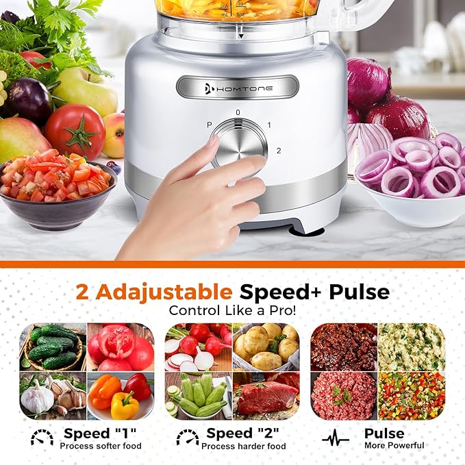 Homtone 16 Cup Food Processor, 9 Functions 7 Blades 3 Speeds for Shredding, Slicing, Doughing, Emulsfying and Meat Vegetable Chopping for Home Use, 600W (Sliver)