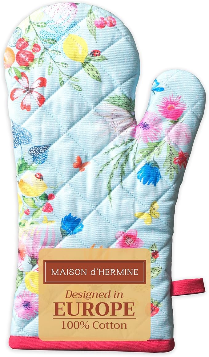 Maison d' Hermine Oven Gloves 100% Cotton Oven Mitt 7" x 13" with Loop Heat Resistant, BBQ, Cooking Gloves, Baking, Grilling, Kitchen, Handling Hot Pans Spring/Summer (Pack of 1, Jardin D'Ete - Mint)