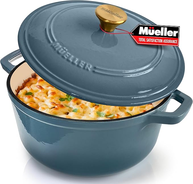 MÜELLERHOME 7.5 Quart Enameled Cast Iron Pot Dutch Oven, Heavy-Duty, Oven-Safe up to 500° F & Across All Cooktops, Bread Pan with Lid & Knob, Cast Iron Cookware, Blue Kitchen Accessories, Mineral Blue