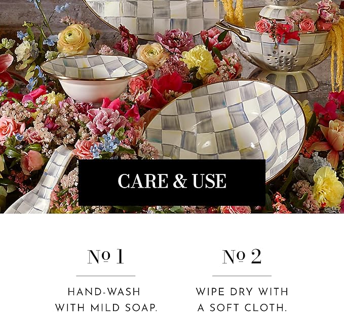 MACKENZIE-CHILDS Enamel Breakfast Bowl, Unique Soup Bowl or Cereal Bowl, Dinnerware, Sterling Check, Set of 4