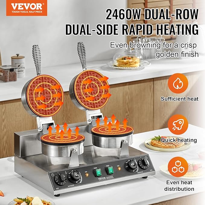 VEVOR Commercial Waffle Maker, Dual-Head Round Waffle Baker Machine, 2460W Non-Stick Stainless Steel Belgian Waffle Iron with Temp and Time Control, Handle, for Restaurant Bakery Snack Bar Family