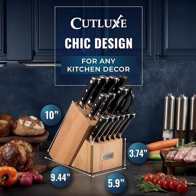 Cutluxe 15-Piece Knife Set – Premium Rubberwood Wood Block – Knife Set for Kitchen, Ultra Sharp High Carbon German Stainless Steel, Full Tang – Artisan Series