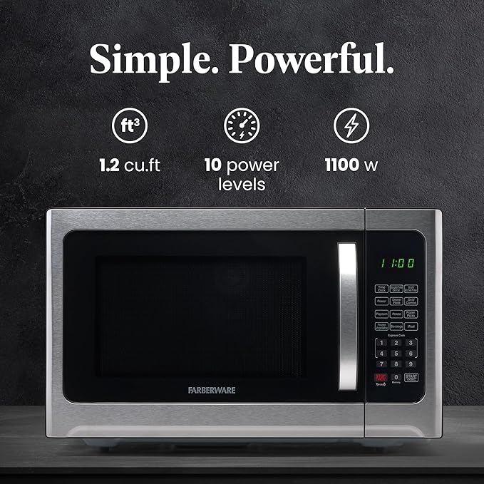 Farberware Countertop Microwave Oven 1.2 Cu. Ft. 1000 Watt with LED Lighting, Child Lock, Easy Clean Grey Interior, Stainless Steel, Black Stainless