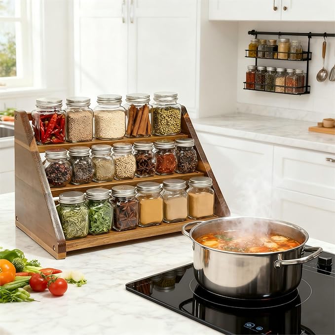 Acacia Wooden Spice Rack for Countertop - 3 Tiered Spice Rack Organizer for Cabinet - Kitchen Spices Organizers Holds 24 Jars - Spices Shelf for Kitchen Storage Pantry Seasoning Organizer