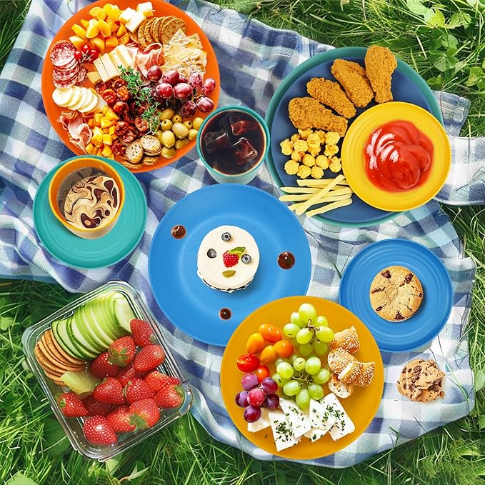 40Pack plates and bowls sets for kids - Unbreakable wheat straw dinnerware sets service for 8 - Alternative plastic 40pcs dish sets for kitchen, camping and indoors dinning - (Colorful)