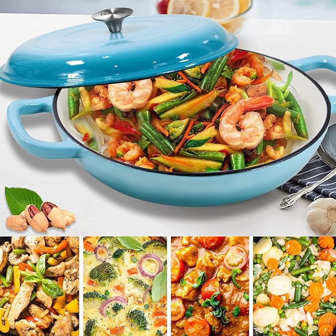 Cast Iron Casserole Braiser, 3.8 Quart,Heavy Duty Casserole Skillet with Lid and Dual Handles, Porcelain Enameled Surface Cookware Pot, Mother's Day Gifts for Family Light Blue