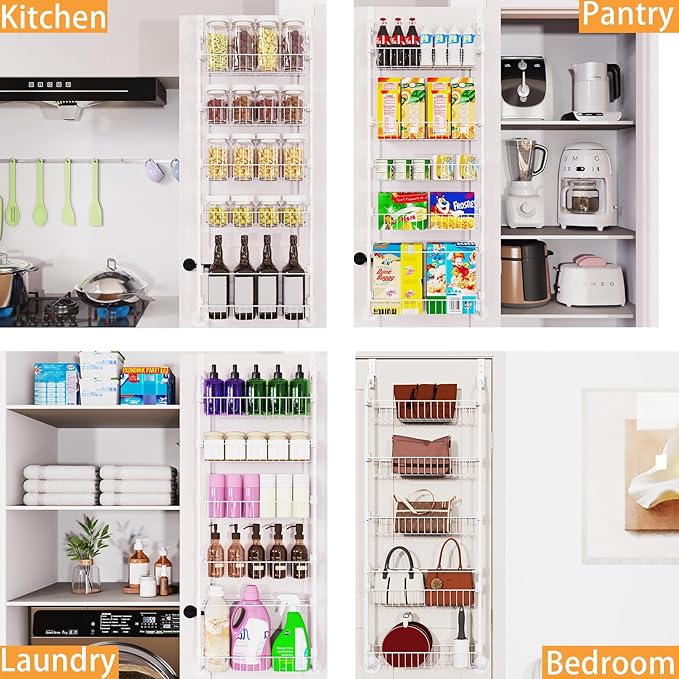 5-Tier Over The Door Pantry Organizers, Pantry Door Organizer and Storage with Adjustable Baskets,Heavy-Duty Metal Spice Rack,essential kitchen and home Shelves (white)