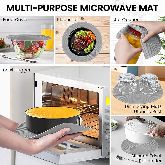 2 In 1 Microwave Splatter Cover & Silicone Mat, Vented Collapsible Microwave Cover for Food, Splatter Guard Dish Plate Lid, Kitchen Colander, 10 Inch Round Silicone Trivet Mat (Grey)