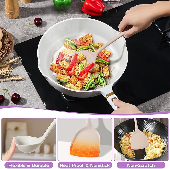 Silicone Cooking Utensils Set, Onader 6 Pcs Kitchen Utensils for Cooking, Heat Resistant Kitchen Gadgets Tools Set for Nonstick Cookware - 3 Mixed Color (Khaki & Pink & White)