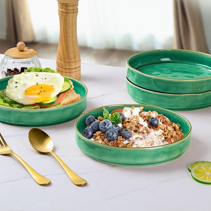 E-far Pasta Bowls Set of 4, 30oz Shallow Salad Bowls for Dinner Serving, 8.25" Stoneware Ceramic Bowl Plates for Noodle Soup, Microwave & Dishwasher Safe, Reactive Glaze, Green