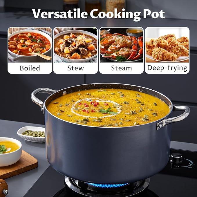 BEZIA 8 Quart Cooking Pot, Large Non Stick Induction Stock Pots with Lid, All Stove Compatible, 8 QT Aluminum Soup/Stew Pot For Families of 3–5, Grey