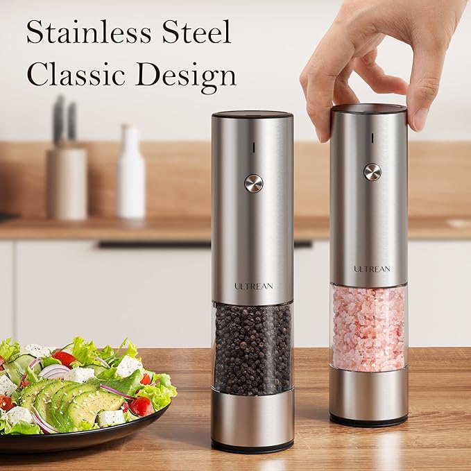 Ultrean Salt and Pepper Grinder Set, Rechargeable Salt and Pepper Shakers, 6 Adjustable Coarseness, LED Light, Kitchen Gadget & Housewarming Gift, Stainless Steel