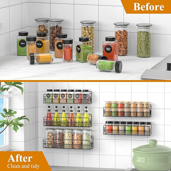 Wall Mounted Spice Rack Organizer, Pantry Door Organizer & Hanging Storage Baskets, Metal Spice Shelf for Kitchen Cabinet, 3 Depth Sizes Hold Large Jars to Nail Polish Bottles, 5 Pack