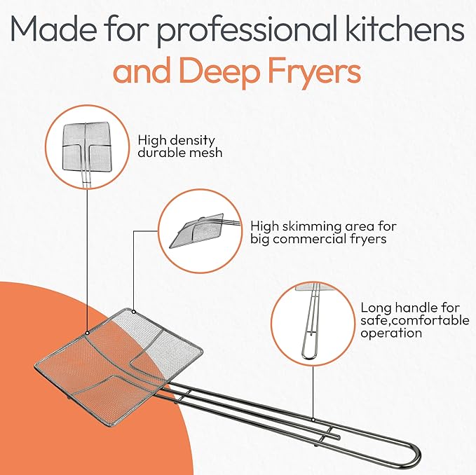 Wire Mesh Strainer with Long Handle | 2-Pack | 6.5" Square Frying Spoon | Stainless Steel | Cooking Oil Strainer for Deep Fryer & Professional Restaurant Use | Commercial Grease Skimmer
