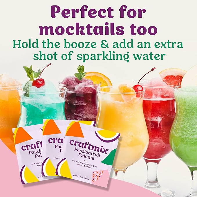 Craftmix Passionfruit Paloma, Makes 24 Drinks, Tequila Cocktail Mixers, Instant Skinny Cocktail and Mocktail Mix - With Real Fruit - Vegan Low Carb, Low Sugar, Non-GMO, Gluten Free, Easy to Mix