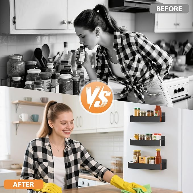 2 Pack Magnetic Spice Rack Organizer for Refrigerator and Oven, Movable Magnetic Hanging Kitchen Spice Rack with 2 Hooks, Black