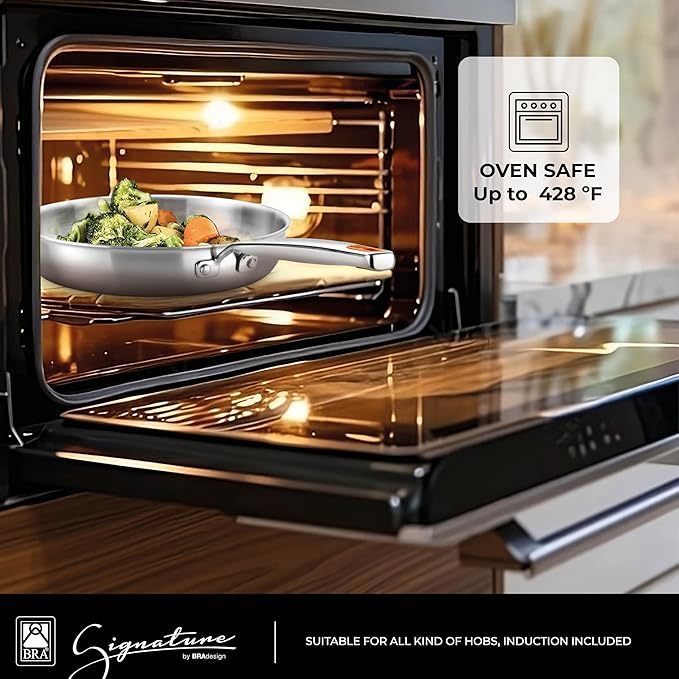 BRA COOKWARE Signature Deep Frying Pan | 11 inches Professional High Skillet | Stainless Steel Deep Frying Pan | All Stovetop Compatible | PFOA Free | w/o Non-Stick Coating | Polished Finish