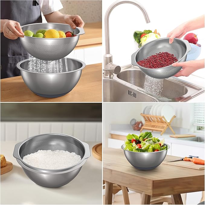 304 Stainless Steel Colander and Strainer, 5QT Large Capacity and 6QT Mixing Bowl, Micropore for Washing Rice, Fruit, and Cooked Pasta, Perfect Draining for Grain and Bean