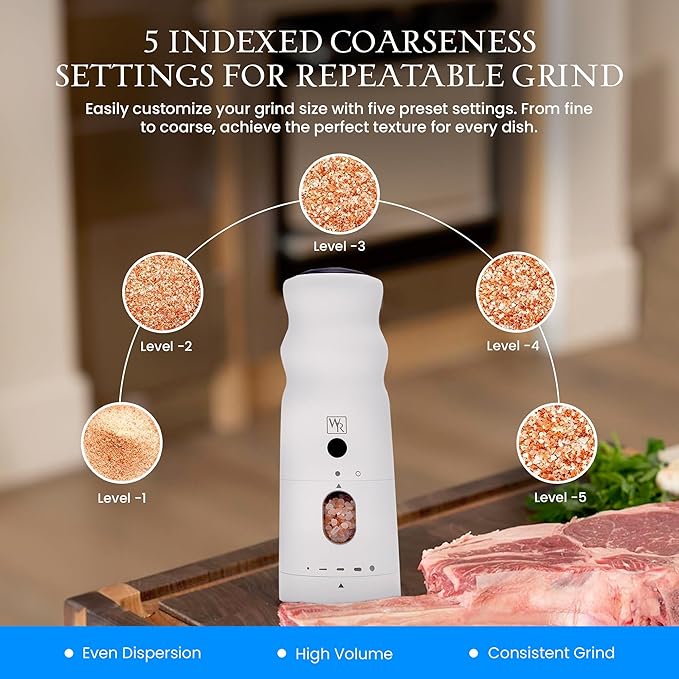 WHITE RAIN Salt Mill with LED Lights & Adjustable Coarseness, Aluminum Rechargeable Salt Grinder Refillable Heavy Duty Electric Himalayan Pink Salt Grinder, Kitchen Gadgets