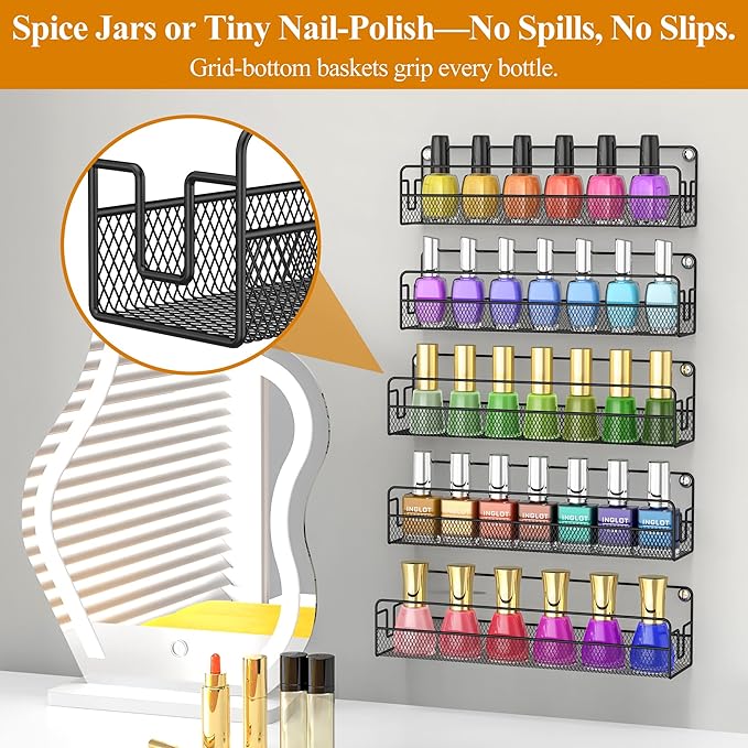 Wall Mounted Spice Rack Organizer, Pantry Door Organizer & Hanging Storage Baskets, Metal Spice Shelf for Kitchen Cabinet, 3 Depth Sizes Hold Large Jars to Nail Polish Bottles, 5 Pack