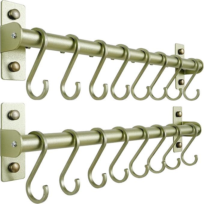 Dseap Kitchen Utensil Holder Hanger, Pot and Pan Rack Wall Mounted, Kitchen Rail with 8 Hooks for Hanging Cooking Utensils, Mugs, Spoons, Wall Mounted, Champagne Color, Pack of 2