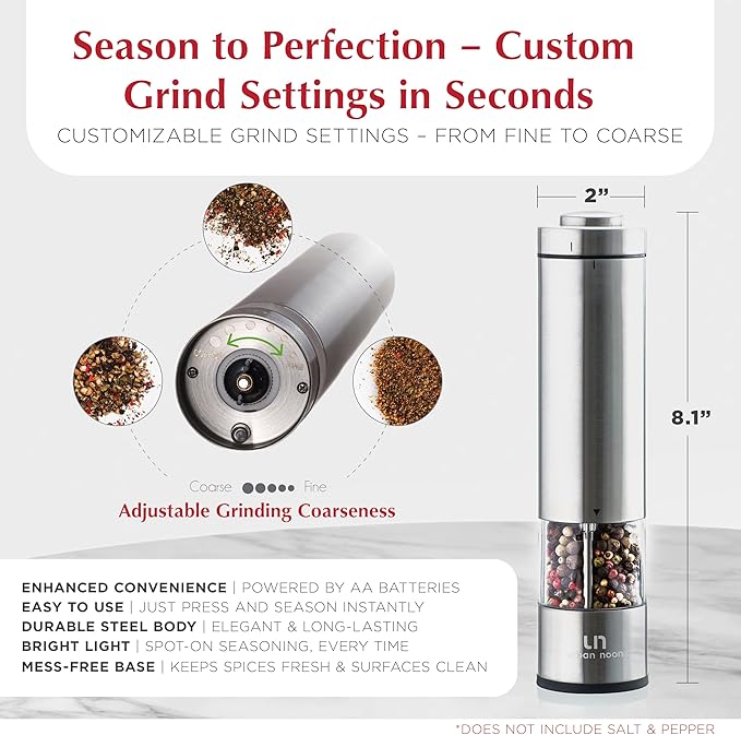 Electric Salt and Pepper Grinder Set - Battery Operated Stainless Steel Mill with Light (2 Mills) - Automatic One Handed Operation - Electronic Adjustable Shakers - Ceramic Grinders
