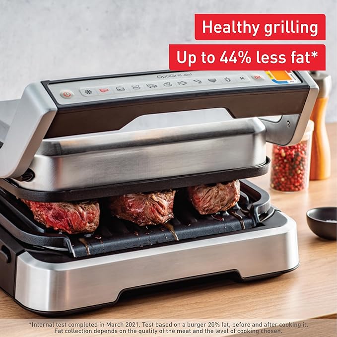 T-fal, Electric Grill, OptiGrill 4in1, Stainless Steel, 9 Automatic Cooking Modes, Intelligent Grilling Rare to Well-Done, 1800 Watts, Nonstick Removable Plates, Dishwasher Safe, Indoor, Silver