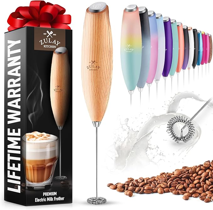 Zulay Powerful Milk Frother for Coffee with Powerful Motor - Handheld Frother Electric Whisk, Milk Foamer, Mini Mixer & Coffee Blender Frother for Frappe, Latte, Matcha, No Stand - Maple