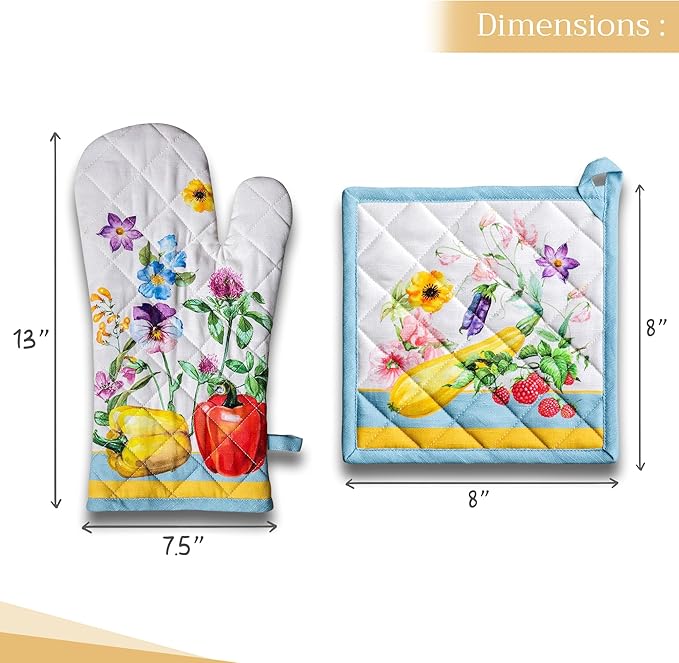 Maison d' Hermine 100% Cotton Oven Mitt & Pot Holder Set (7.5"x13" & 8"x8") Heat Resistant BBQ Cooking Gloves with Loop, Baking, Grilling, Kitchen, Handling Hot Pans Spring/Summer (Giverny)