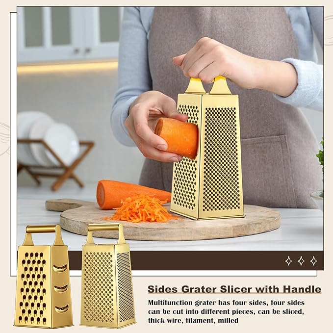 Sawysine 5 Pcs Gold Kitchen Appliances Includes 5 Quart Gold Colander and 2 Pcs Strainer Set, Lemon Squeezer, Stainless Steel 4 Sides Grater Slicer with Handle for Kitchen