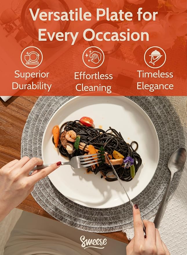 Sweese 10 Inch Porcelain Dinner Plates, White, Set of 6 - Microwave, Oven, Dishwasher Safe, Scratch-Resistant