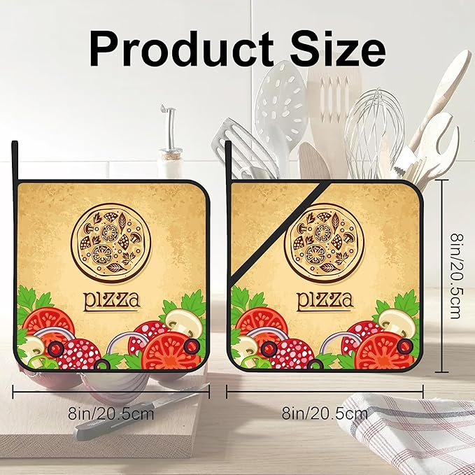Vintage Pizza Pot Holders Set of 2 Kitchen Heat Resistant Potholders for Microwave Cooking Baking Oven End Dishes and BBQ Gifts for Women