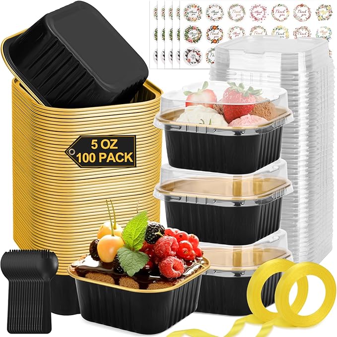 100 Pack Mini Cake Pans with Lids and Spoons, 5oz Square Aluminum Foil Loaf Pans Black Gold Small Cake Tins Disposable Baking Pans Dessert Cupcake Cups with Ribbon for Wedding Birthday Party Picnics