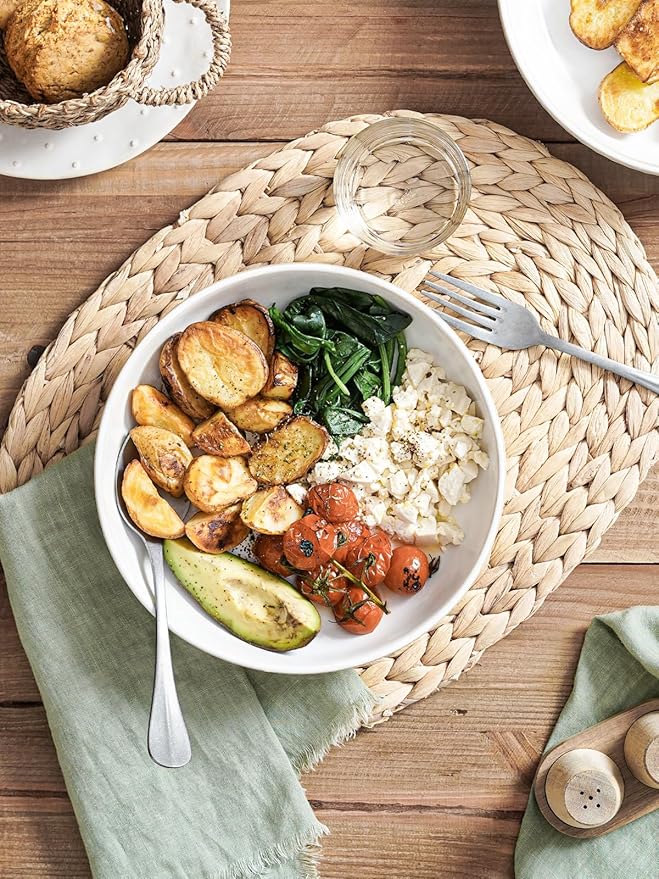 LE TAUCI Pasta Bowls 46oz, Large Salad Bowl, Ceramic Serving Plate, House-warming Wedding Present, Embossment Stoneware Bowl for Fruits, Noodle, Dinner - 9 Inch, Set of 4, Arctic White