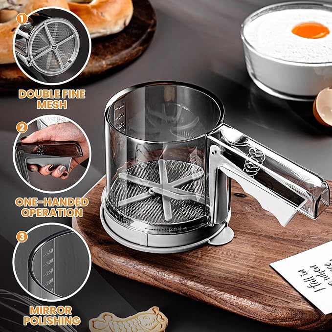 3 Cup Flour Sifter, Sifter for Baking Sifter Handheld Baking Sieve Food-Grade Double-Filter Stainless Steel Flour Sifter Non-Rust Sifter used for Rapid Screening of Flour Apricot Flour Sugar Powder
