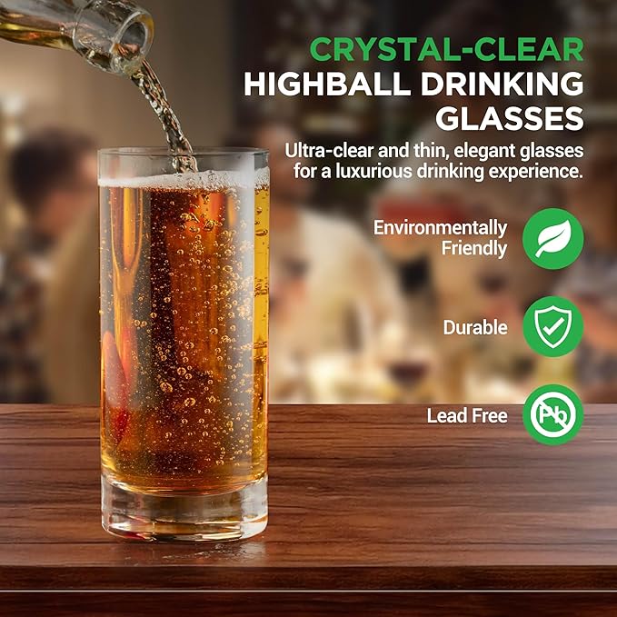14.2oz Highball Drinking Glasses - Set of 2 Heavy Base Tall Tumbler Clear Glassware for Water, Wine, Beer, Liquor, Gin, Cocktail, Whiskey, Juice, Iced Coffee, Mixed Drinks, Dishwasher Safe