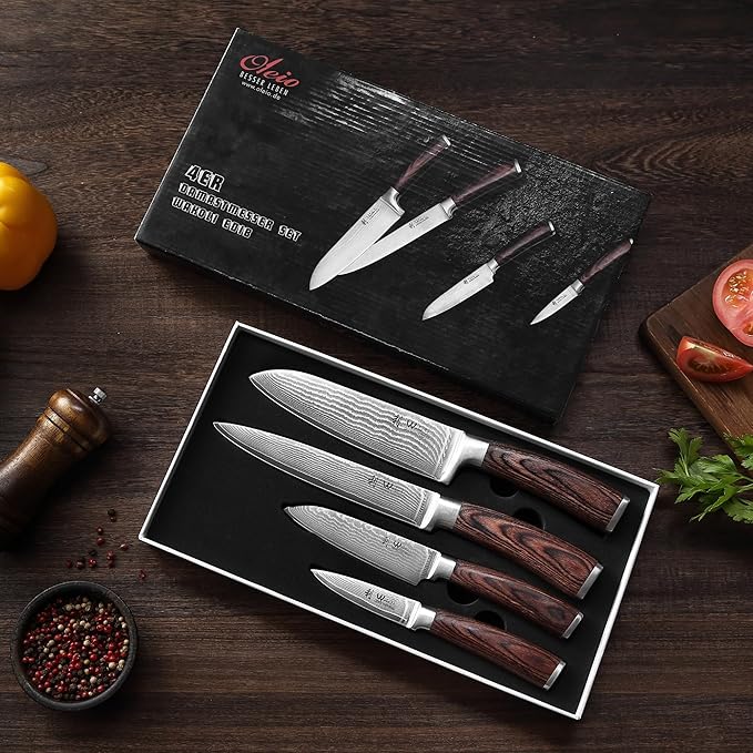 Wakoli EDIB 4-Piece Damascus Knife Set – Professional Japanese Style Kitchen Knives | Genuine Damascus Steel Blades with VG10 Core | Ergonomic Pakkawood Handles | Premium Chef Knife Gift Set