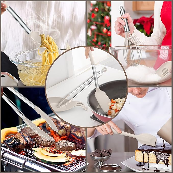 E-far Silicone Cooking Utensils Set, 30 Pcs Heat Resistant Kitchen Utensils with Stainless Steel Handle, Heat Resistant Kitchen Spatulas Turner Tong Spoon Whisk Ladle for Nonstick Cookware, Khaki