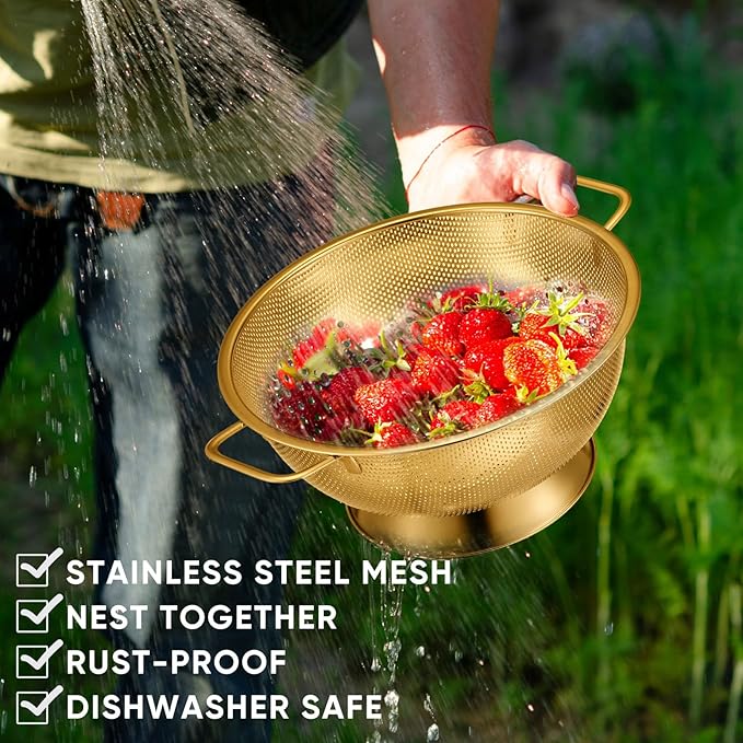 Bokon 3 Pcs Stainless Steel Colander Set Colander Bowl and Sieves 1/3/5 Quart Metal Mesh Strainer Net Basket with Handles Food Spaghetti Strainer for Kitchen Draining Pasta Rinsing(Gold)