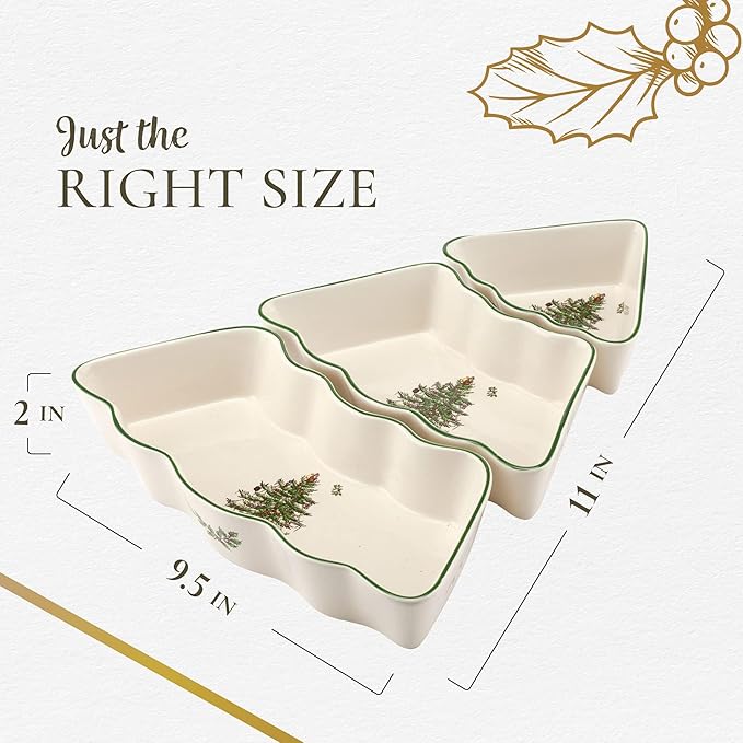 Spode Christmas Tree Dip Bowls - 3 Piece Ceramic Christmas Dipping Set - Festive Salsa Bowls for Holidays - Durable, Dishwasher Safe - Holiday Dinnerware