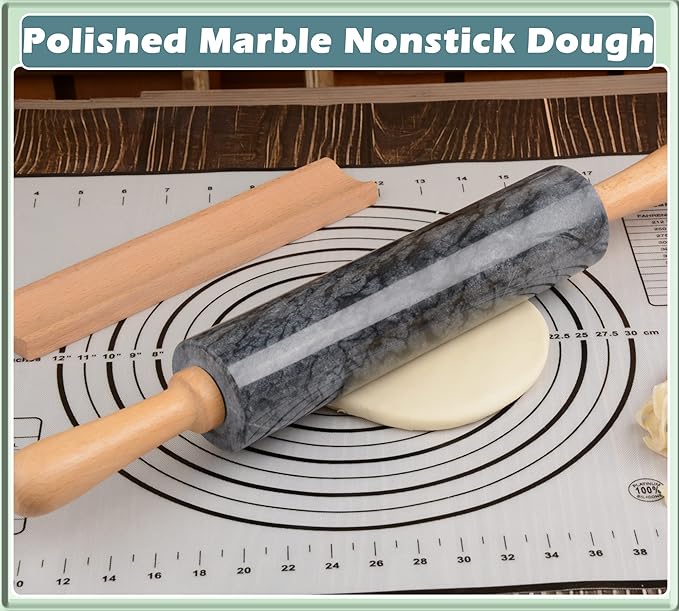 Marble Rolling Pin with Wooden Cradle Thick Handle Set for Baking,18.5 inch Premium Quality Polished Roller for Pizza Dough,Fondant,Pie Crust,Non-Stick Surface Easy to Clean(Black)