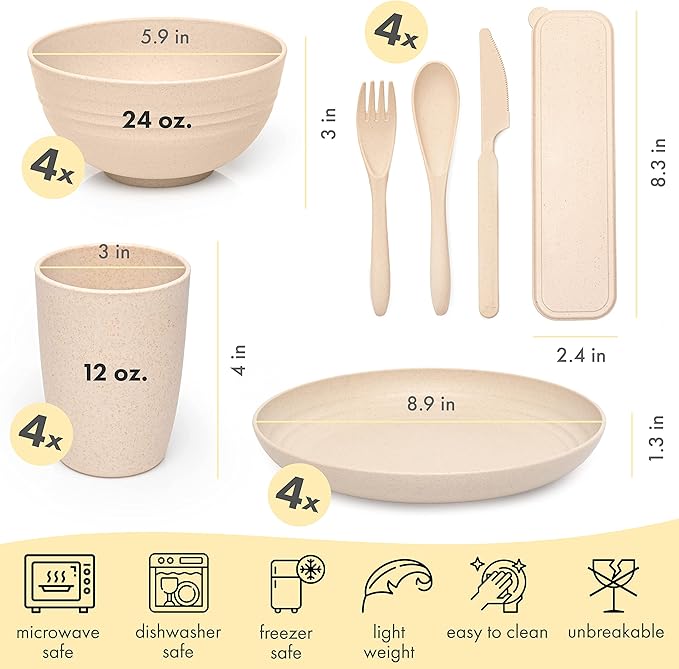 FOODLE Wheat Straw Dinnerware Set - BPA Free & Safety Tested - Unbreakable, Microwave & Dishwasher Safe Dishes - Picnic, RV, Dorm, Camping Plates Cups and Bowls - Great for Kids & Adults - For 4