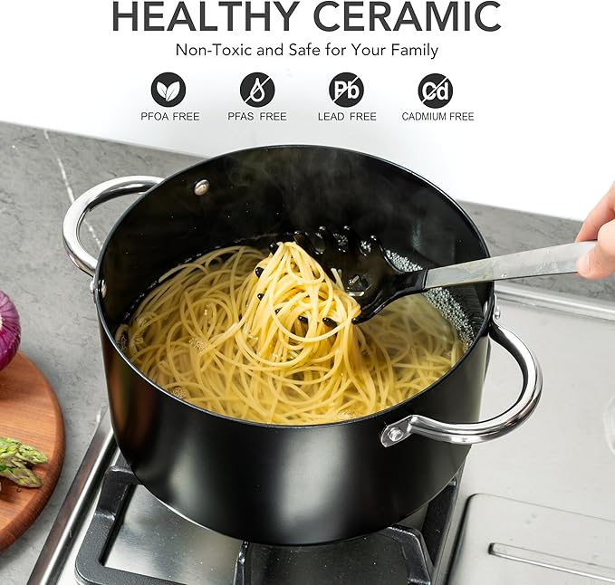 MICHELANGELO Stock Pot with Lid, Nonstick Cooking Pot, 6 Quart Soup Pot with Lid, Non Stick Pots with Stainless Steel Handle, Induction Compatible, Black