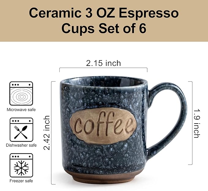 LYEOBOH Espresso Cups, Coffee Cups, Tea Cup, Coffee Cups Ceramic Set of 6, Cute Mini Cups 3 OZ, Microwave Dishwasher Safe, Ceramic Mug, Espresso Shot, Great for Coffee Bar Decor & Drinks, Blue