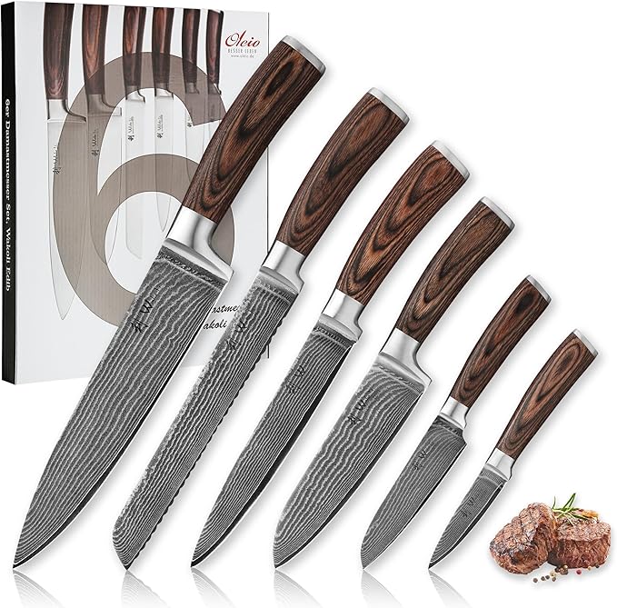Wakoli EDIB 6-Piece Damascus Knife Set – Complete Japanese Style Kitchen Knives Collection | Genuine Damascus Steel Blades with VG10 Core | Ergonomic Pakkawood Handles | Professional Knife Gift Set