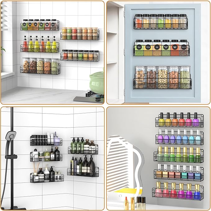 Wall Mounted Spice Rack Organizer, Pantry Door Organizer & Hanging Storage Baskets, Metal Spice Shelf for Kitchen Cabinet, 3 Depth Sizes Hold Large Jars to Nail Polish Bottles, 5 Pack