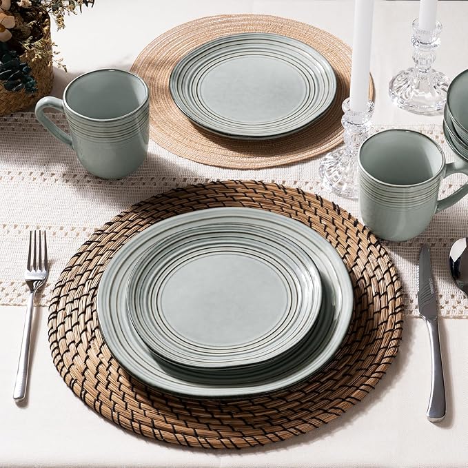 Famiware Plates and Bowls Sets 18-Piece Stoneware Dinnerware Sets, Dishes Set for 6, Hand-made Reactive Glaze Dish Set, Twilight Series, Ashy Blue