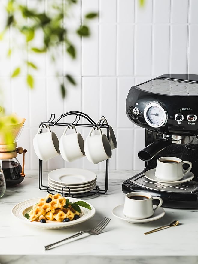 YHOSSEUN Espresso Cups with Saucers and Metal Stand, 4 Oz Ceramic Expresso Shots Cup Espresso Small Coffee Cups Set of 6, Beige