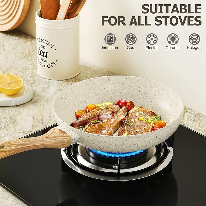 MICHELANGELO Granite Frying Pans, 8 Inch, 9.5 Inch and 11 Inch Nonstick Frying Pan Set with Anti-Scald Handle, White