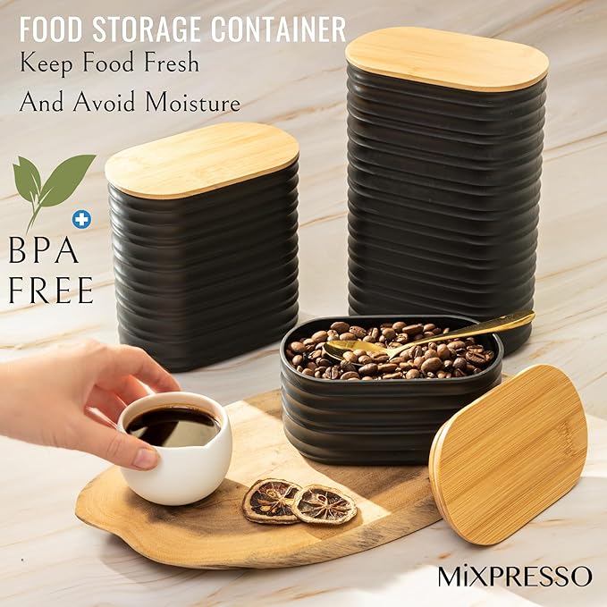 Mixpresso Black Canisters Sets for the Kitchen – 3-Piece Airtight Plastic Sugar Container Set with Bamboo Lids in Three Different Sizes – Decorative Modern Storage Jars for Coffee, Tea & Countertops